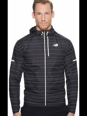 New Balance Black Pinstripe Lightweight Hooded Reflective Jacket